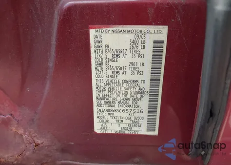 2005 Nissan Xterra Se из США, поврежденный, VIN 5N1AN08W85C657516